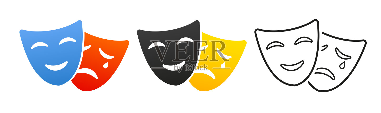 滑稽和悲伤的戏剧面具。喜剧与悲剧戏剧面具。快乐与不快乐的传统戏剧象征。矢量图插画图片素材
