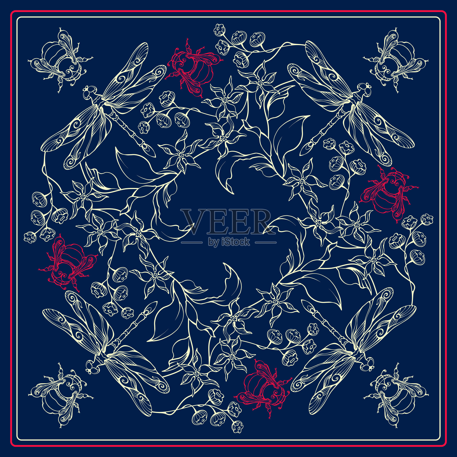 植物方形图案与蜻蜓，大黄蜂，和花。大手帕。向量。插画图片素材