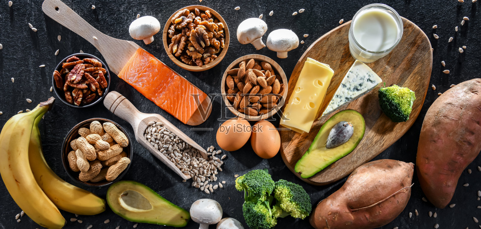 与富含生物素的食品组成照片摄影图片