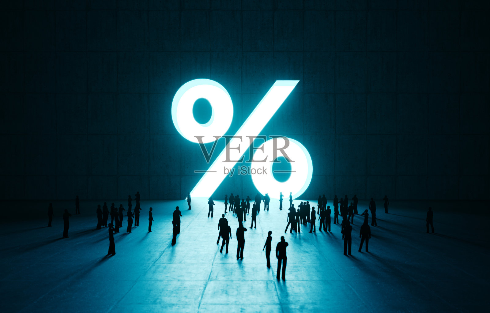 在发光的百分比符号前等待的人群照片摄影图片