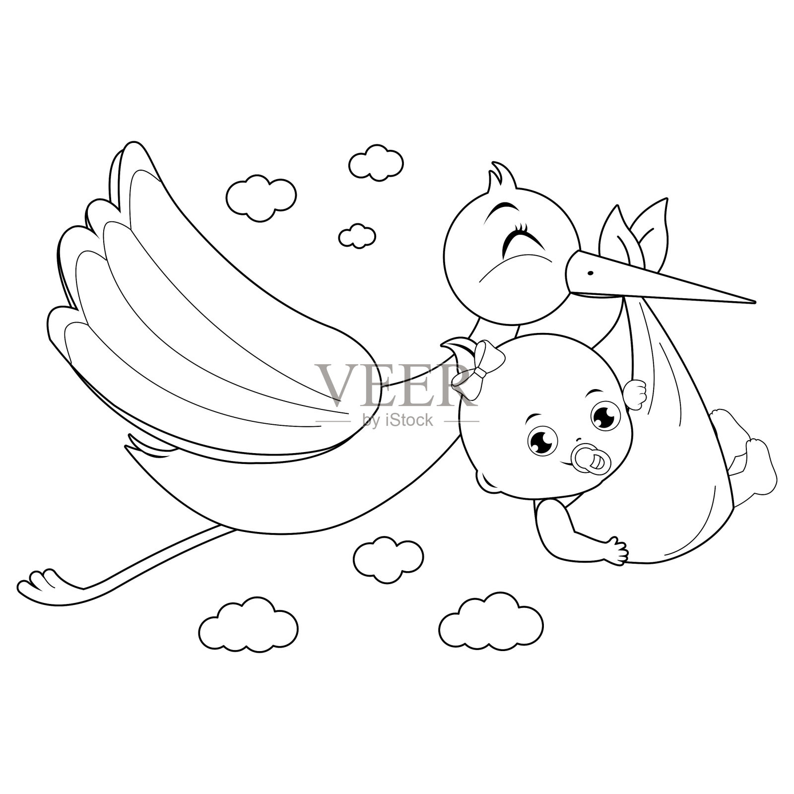 鹤接生了一个女婴。矢量黑白涂色页插画图片素材