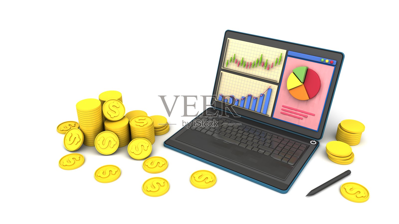 金钱和笔记本电脑显示面板财务报表图表隔离。三维渲染照片摄影图片