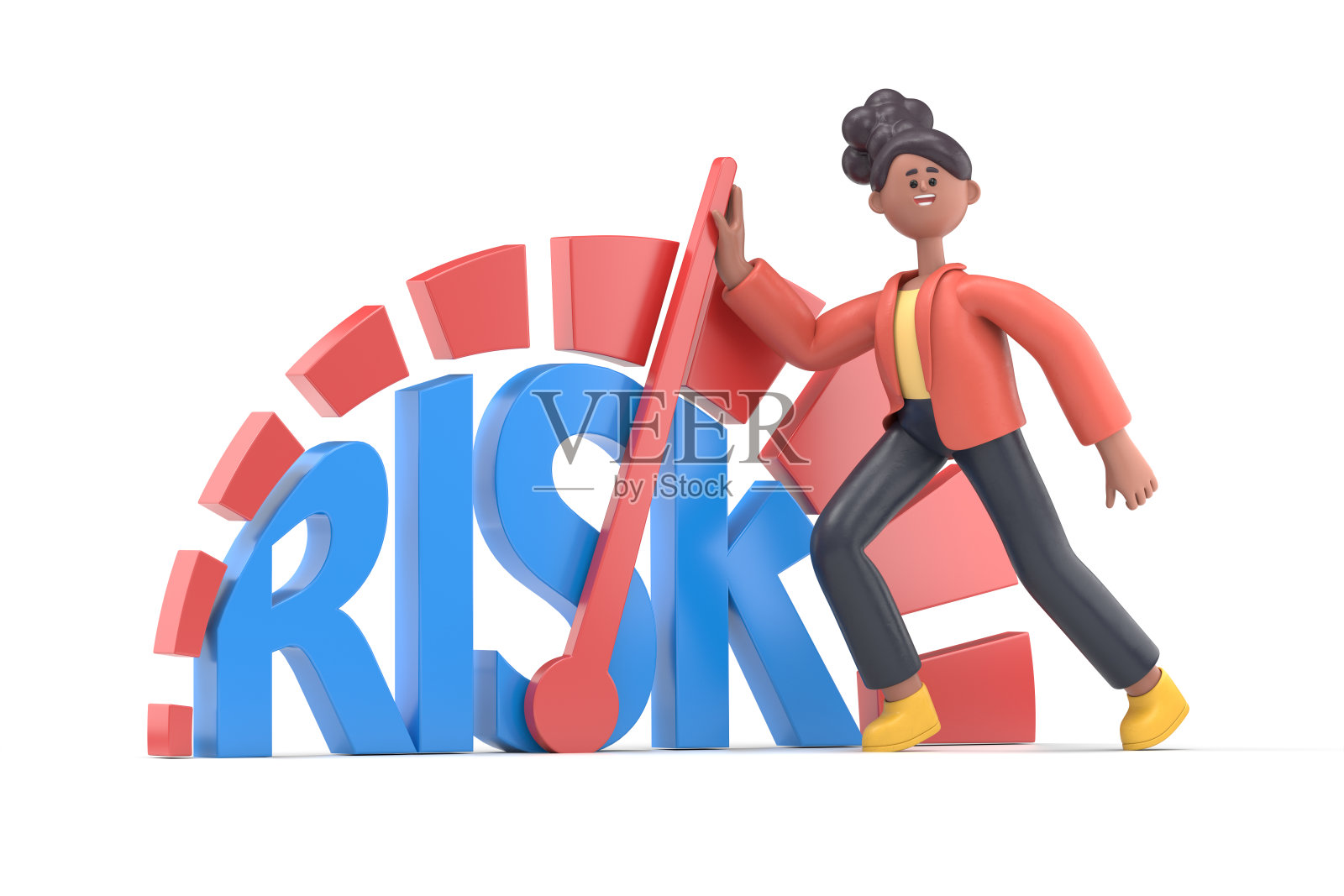 微笑的非裔美国妇女可可的3D插图减轻压力水平。按仪器箭头。压力调节。减少负载。白色背景上的3D渲染。照片摄影图片