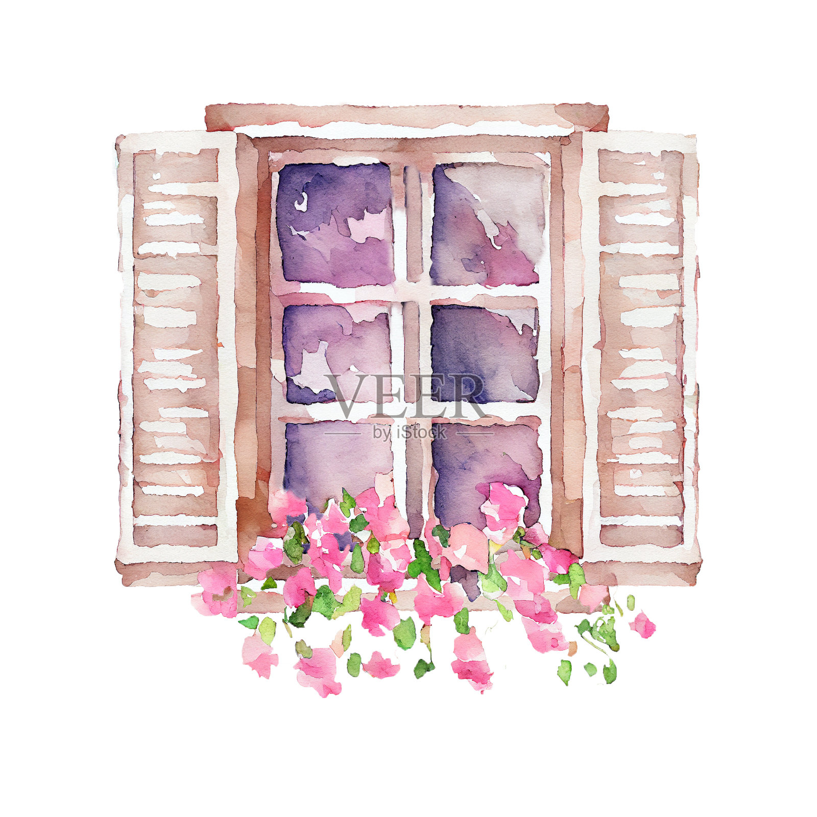 水彩画的春天窗口与鲜花。乡村避暑别墅的剪贴画插画图片素材