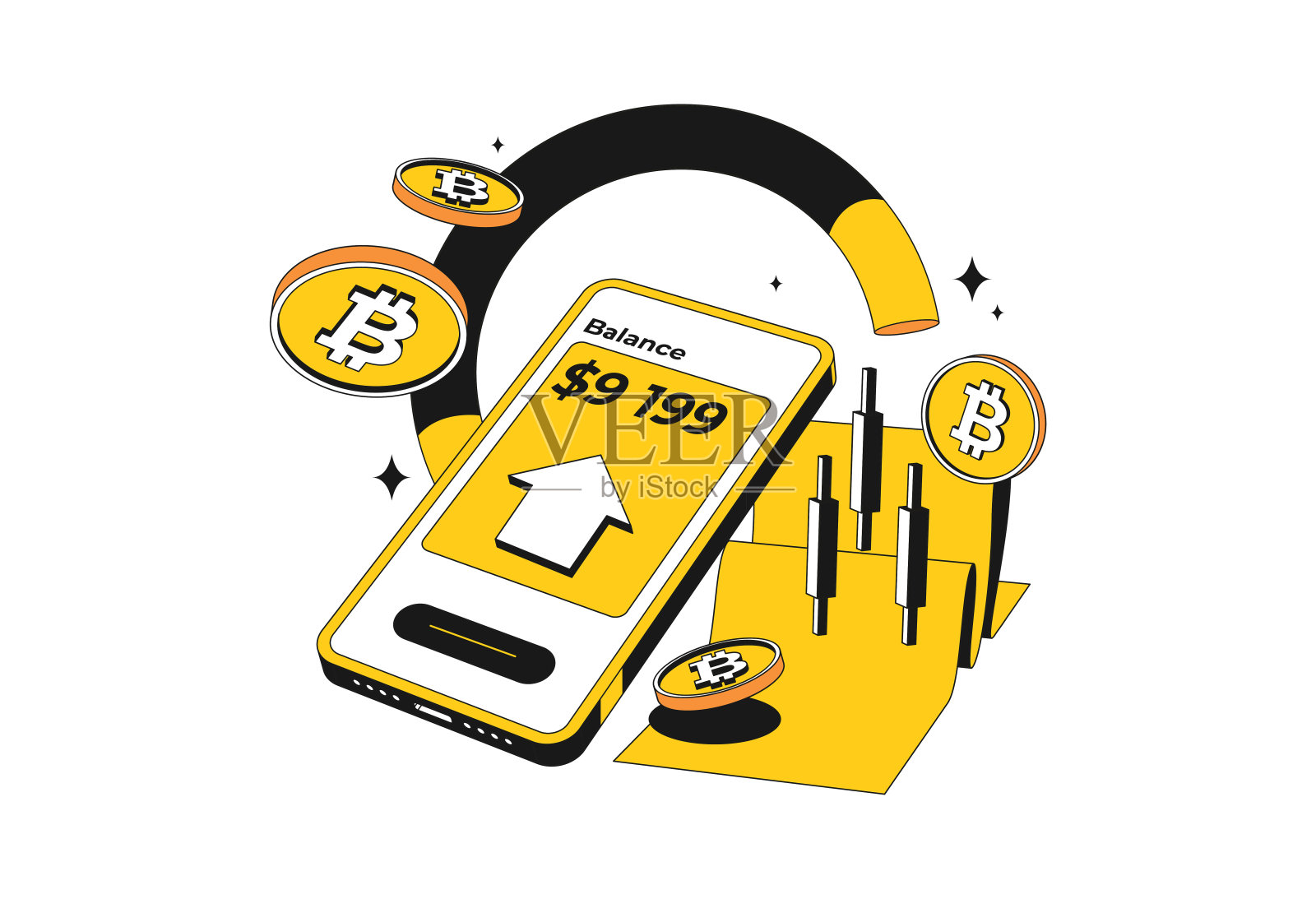 比特币或加密货币交易平台，利润丰厚，烛台。孤立。加密手机。现代风格的黑色和黄色硬币交易插图插画图片素材