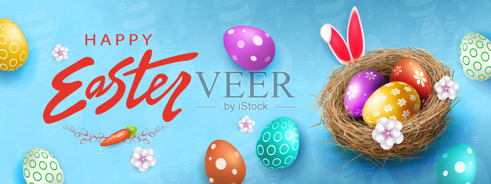 蓝色卡片，巢里有复活节彩蛋和白色花朵插画图片素材