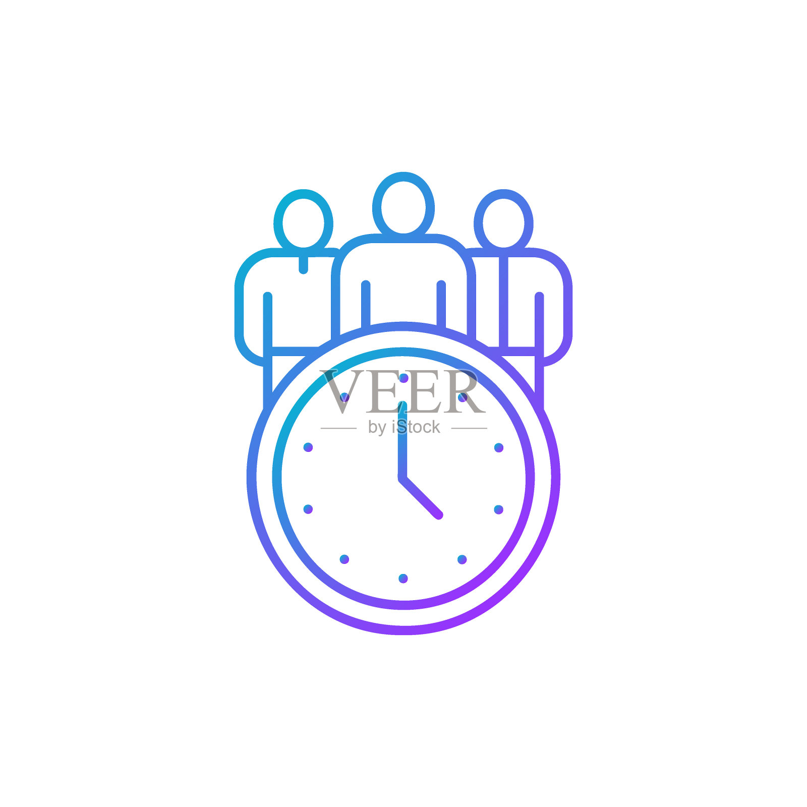 时钟与人，会议时间，时间与团队渐变线性图标。时间管理符号设计。插画图片素材
