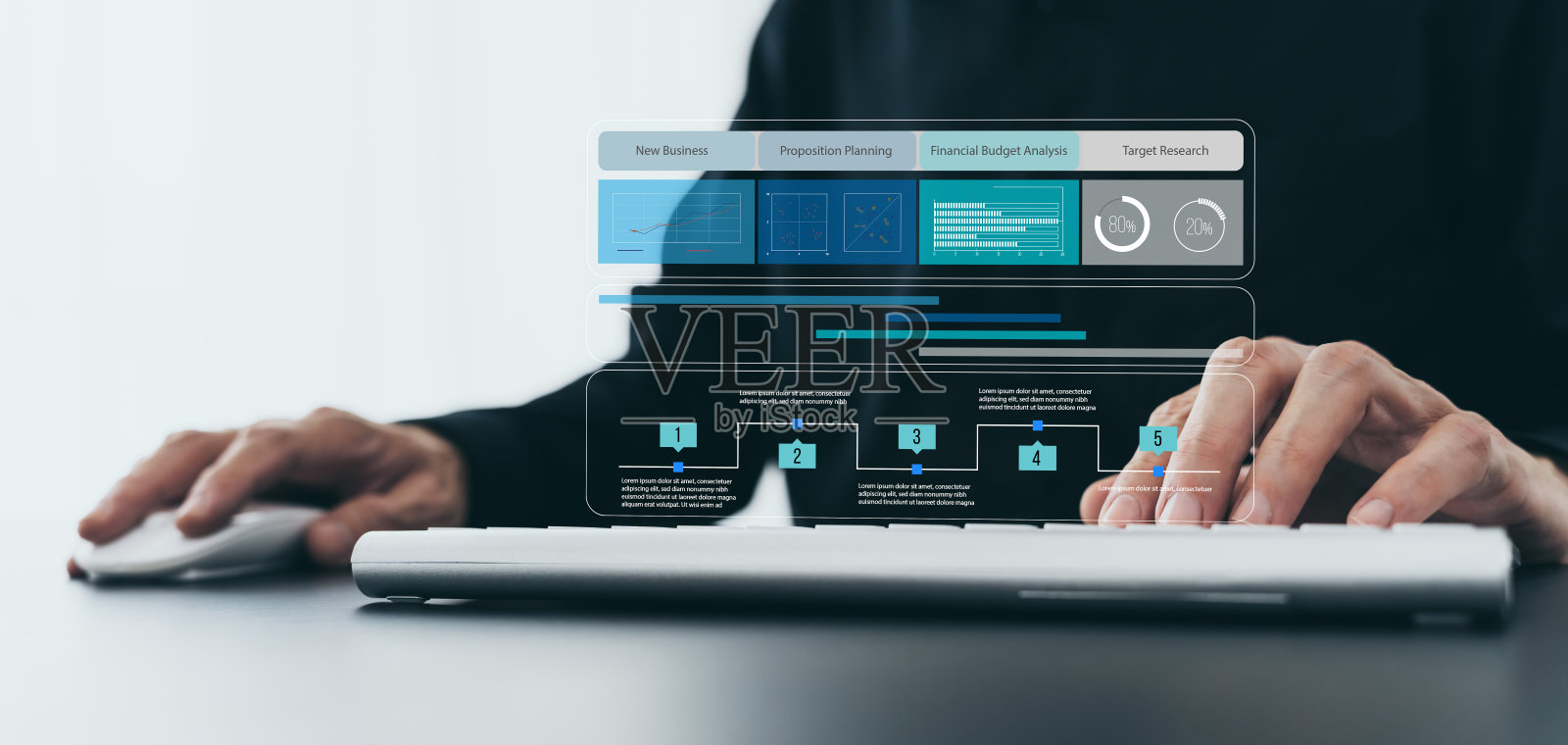 与项目管理一起工作的商务人员。分析数据和信息，公司商业计划，市场竞争研究，销售中的财务和预算分析照片摄影图片