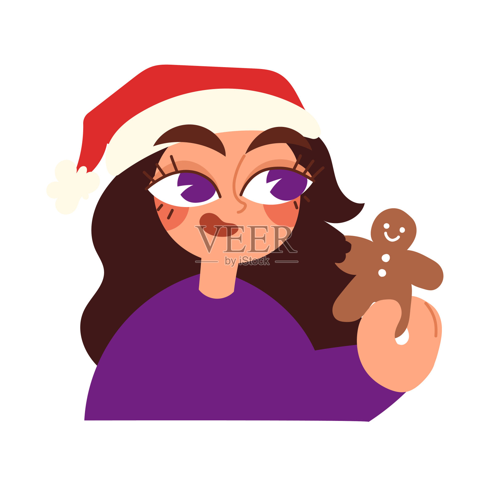 美丽可爱的女孩在圣诞节红色圣诞老人的帽子拿着姜饼人。喜庆的冬季标志。节日食物。圣诞饼干，糖果。平面矢量图。插画图片素材