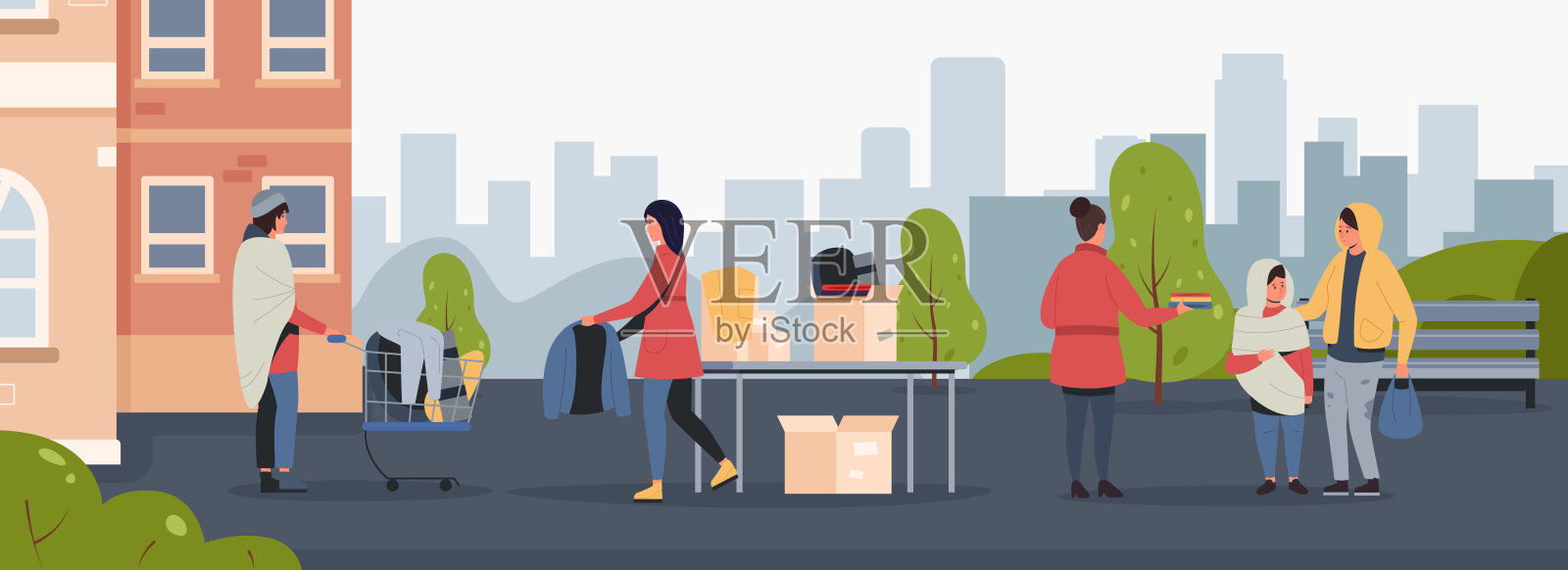 志愿者社区概念。为无家可归者和穷人提供人道主义帮助的慈善组织插画图片素材