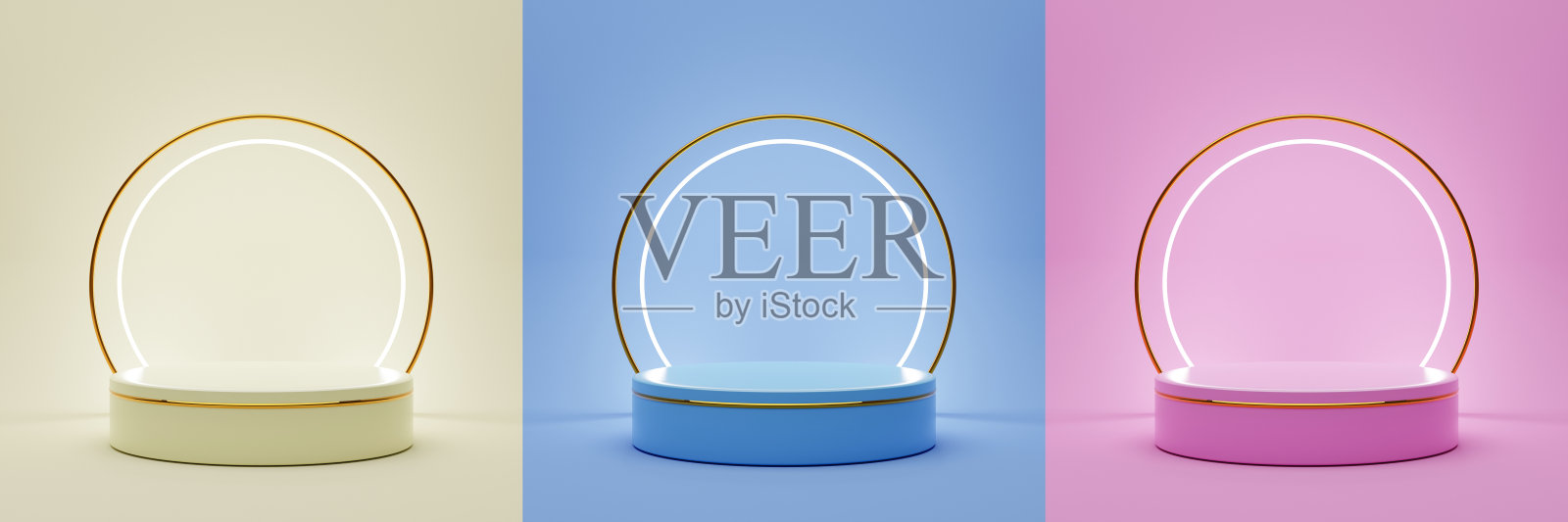 一套不同颜色的领奖台，用于产品演示的领奖台和带有金色3D插图的展台照片摄影图片