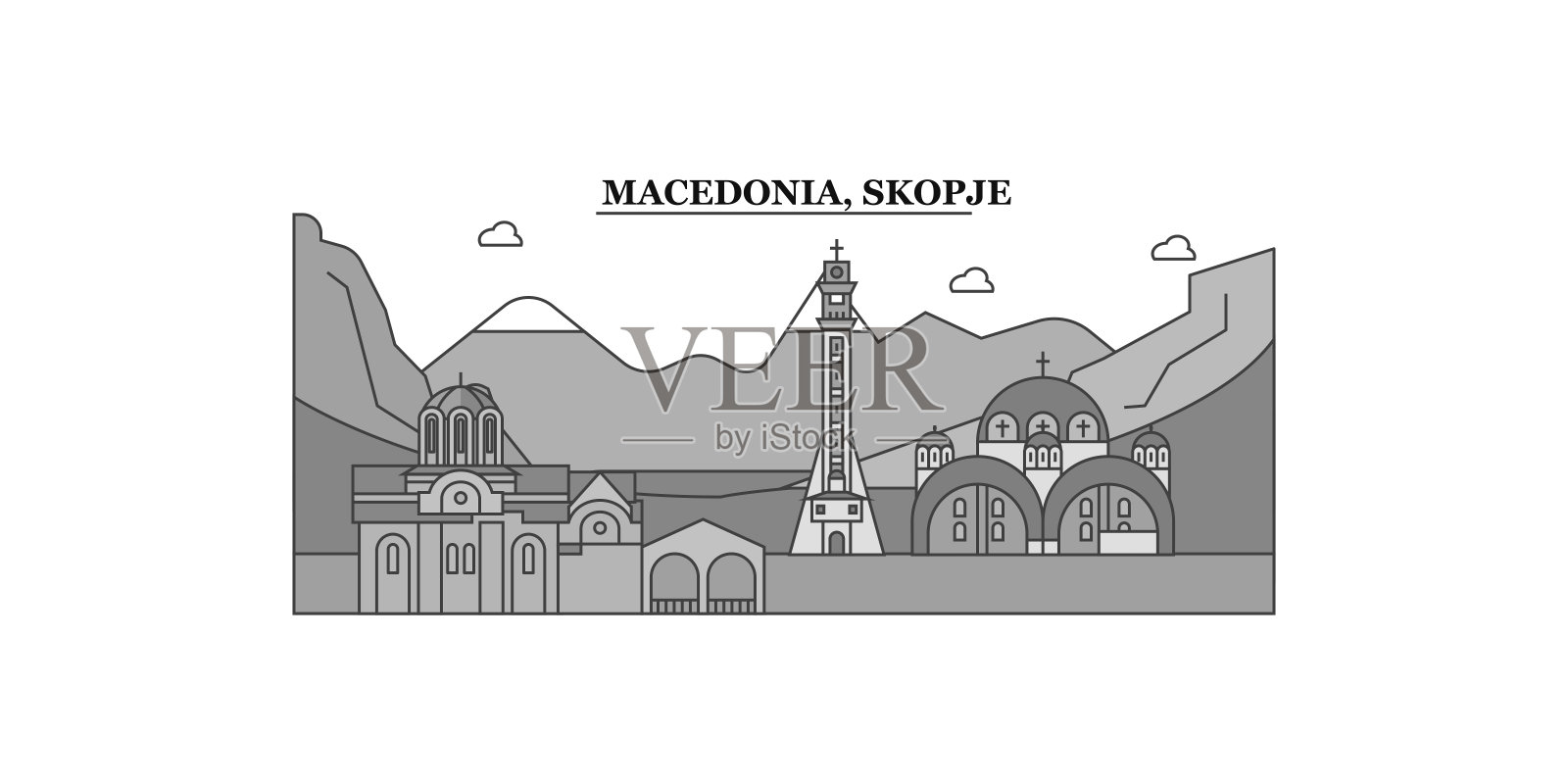 马其顿斯科普里市天际线孤立矢量插图，图标插画图片素材