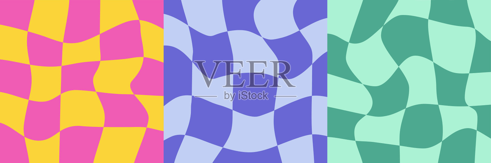 一套无缝图案彩色棋盘图案。几何彩色方形背景在复古迷幻千年虫风格。矢量图插画图片素材