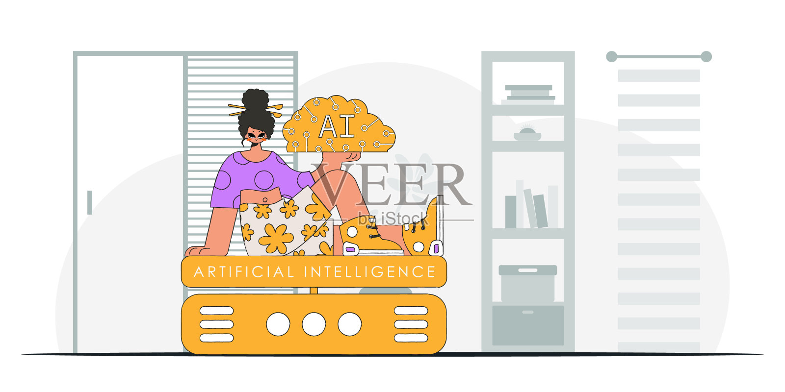 女孩炫耀AI大脑，时尚的外观，矢量艺术图片。插画图片素材