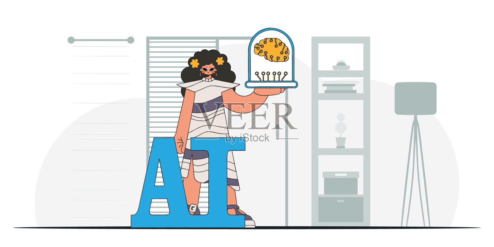 酷风格的AI大脑女孩，矢量艺术。插画图片素材