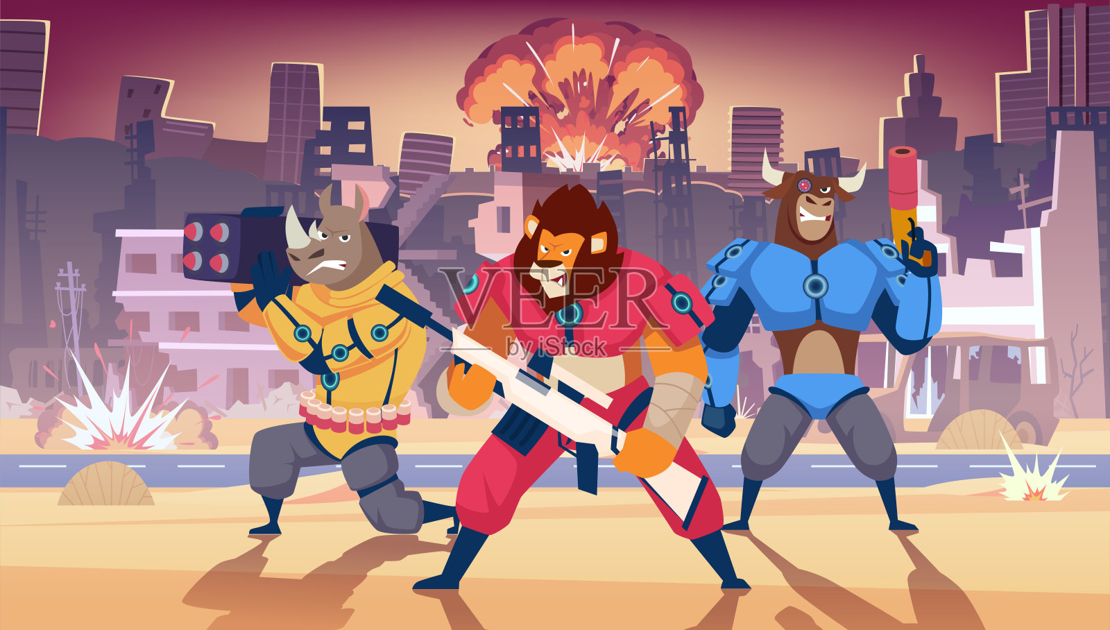 装甲的动物。幻想战争与外星人精确矢量卡通背景插画图片素材