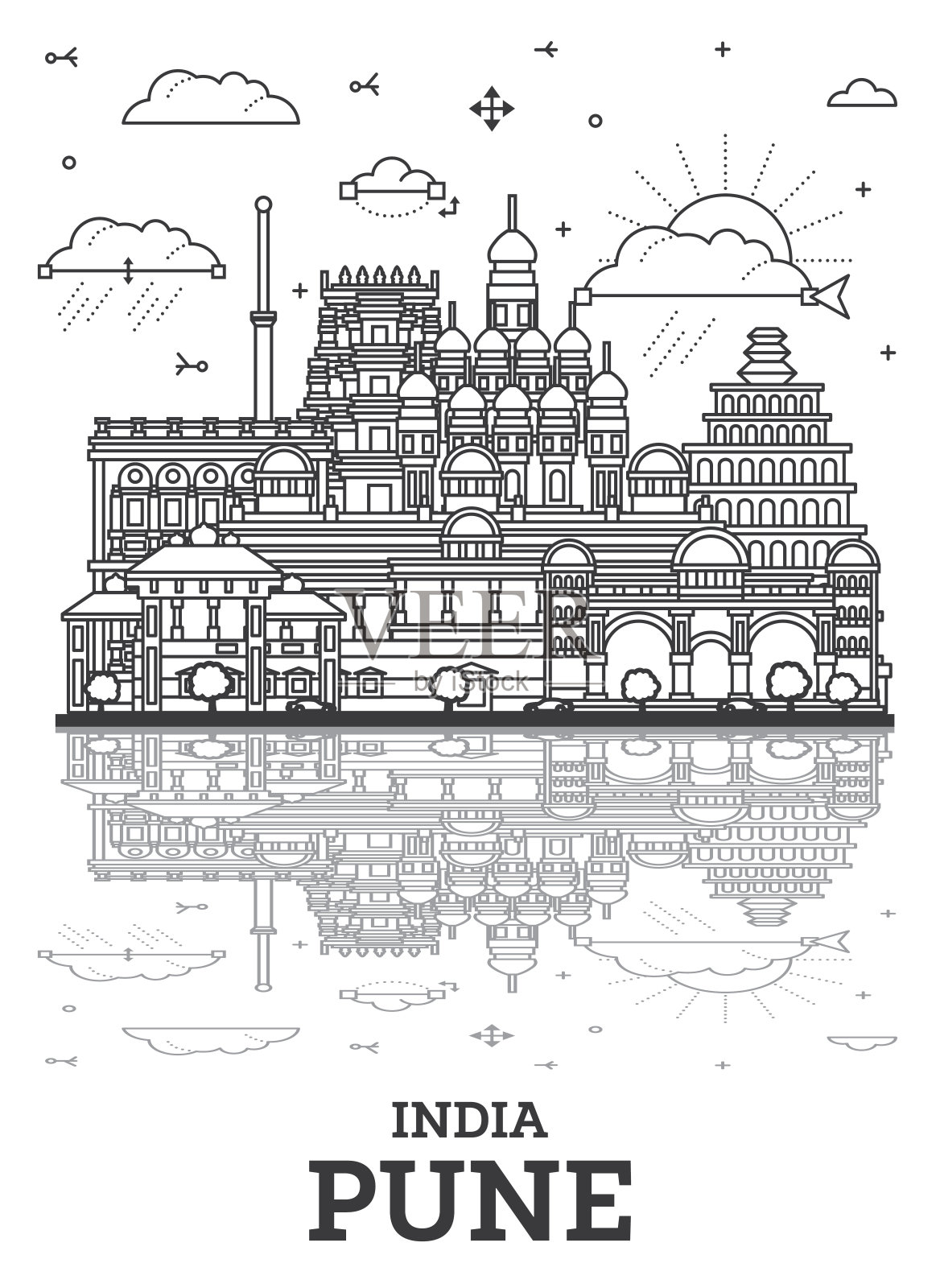 勾勒浦那印度城市的天际线与历史建筑和白色上孤立的倒影。浦那马哈拉施特拉邦的城市景观和地标。插画图片素材