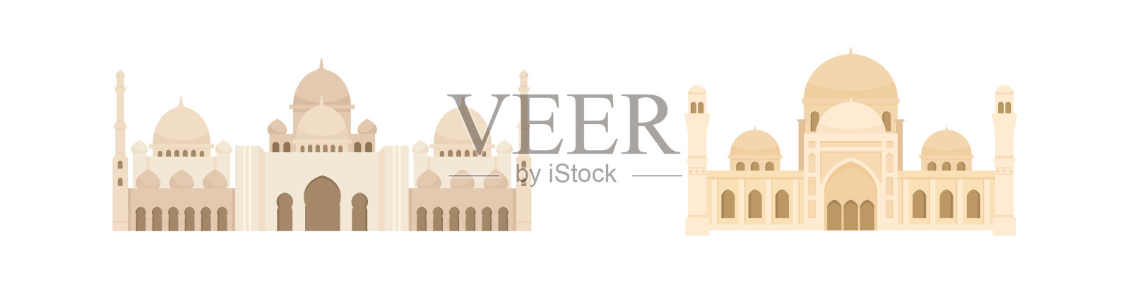 平面清真寺向量集。穆斯林建筑为伊斯兰教，斋月，开斋节设计插画图片素材