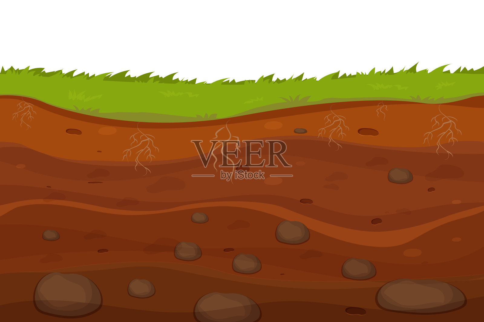 土壤，有层次的地面，草根和石头，白色背景上孤立的卡通风格的泥土部分。矢量图插画图片素材