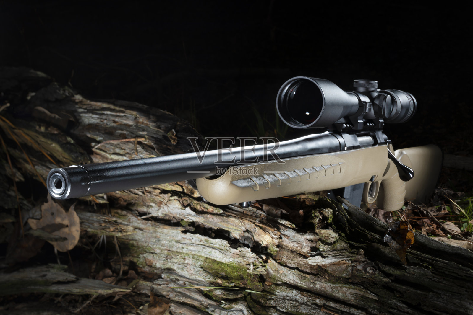 森林里的一根圆木上有瞄准镜的栓动步枪照片摄影图片