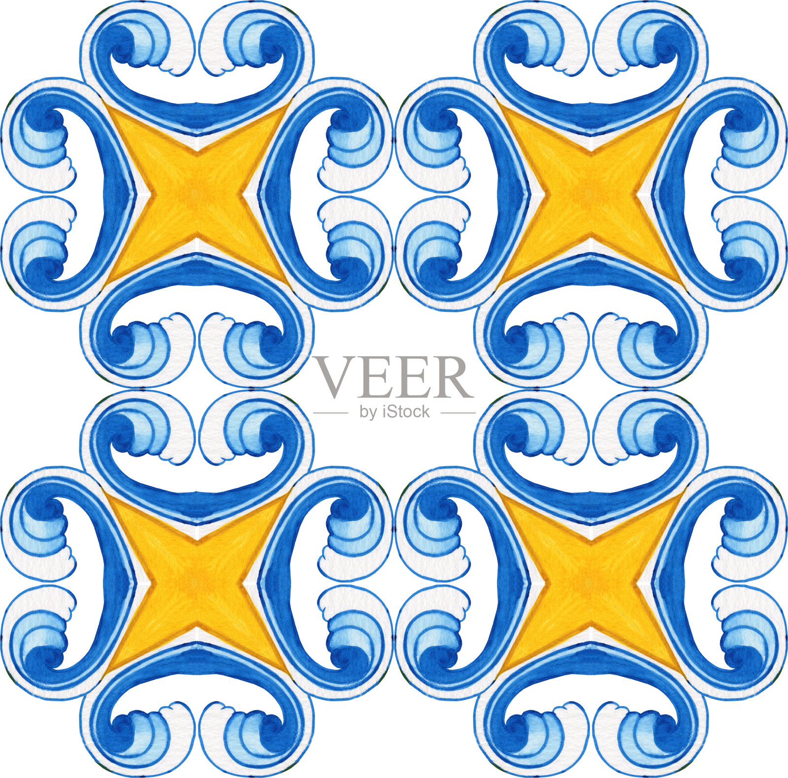 马略里卡水彩无缝图案。西西里手绘装饰。传统的蓝色和黄色瓷砖。葡萄牙传统的azulejo图案。摩洛哥风格。插画图片素材