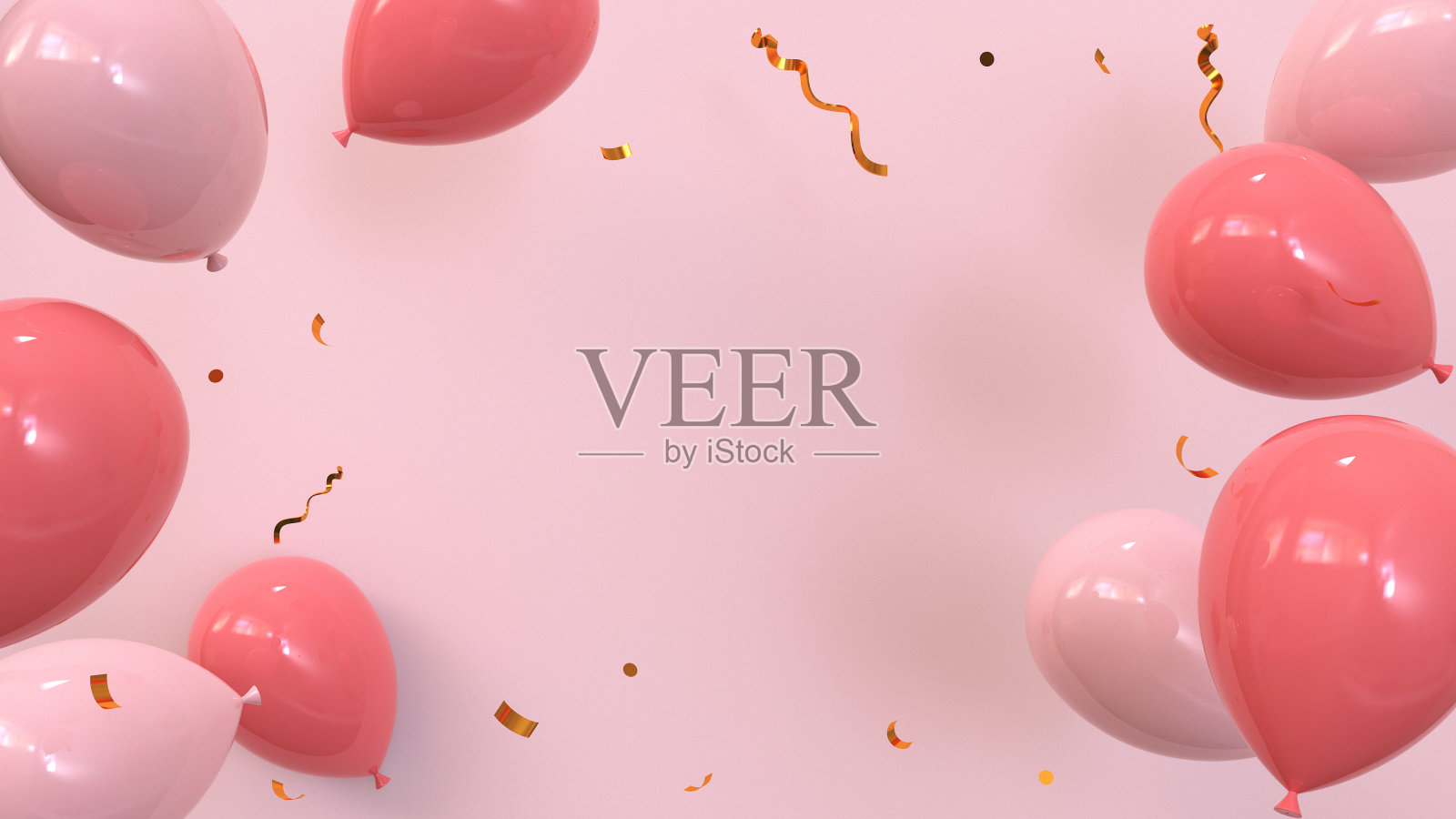 3d渲染粉红色的气球和五彩纸屑背景。照片摄影图片