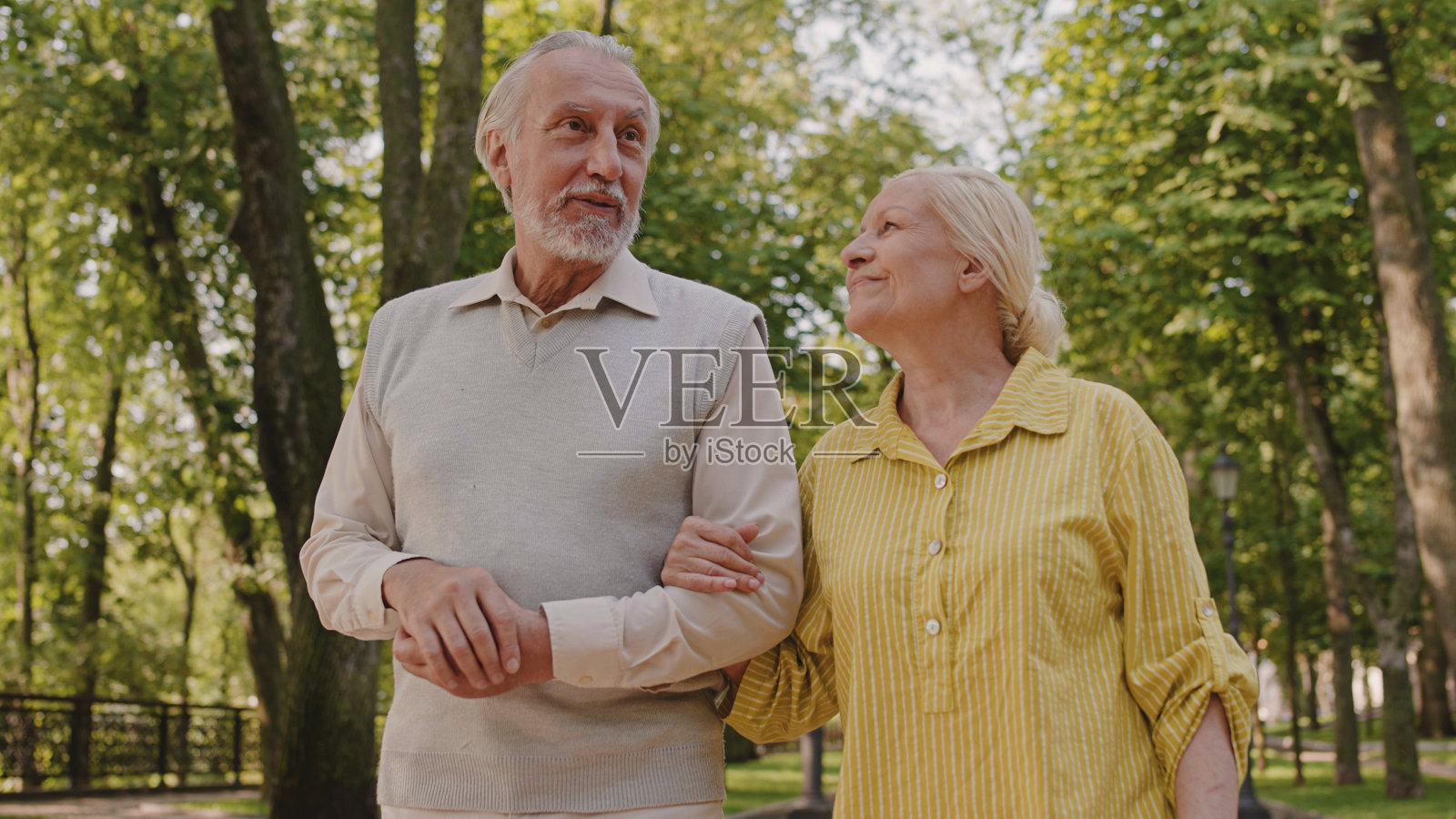 幸福的退休夫妇一起在公园散步，家庭关系，休闲照片摄影图片