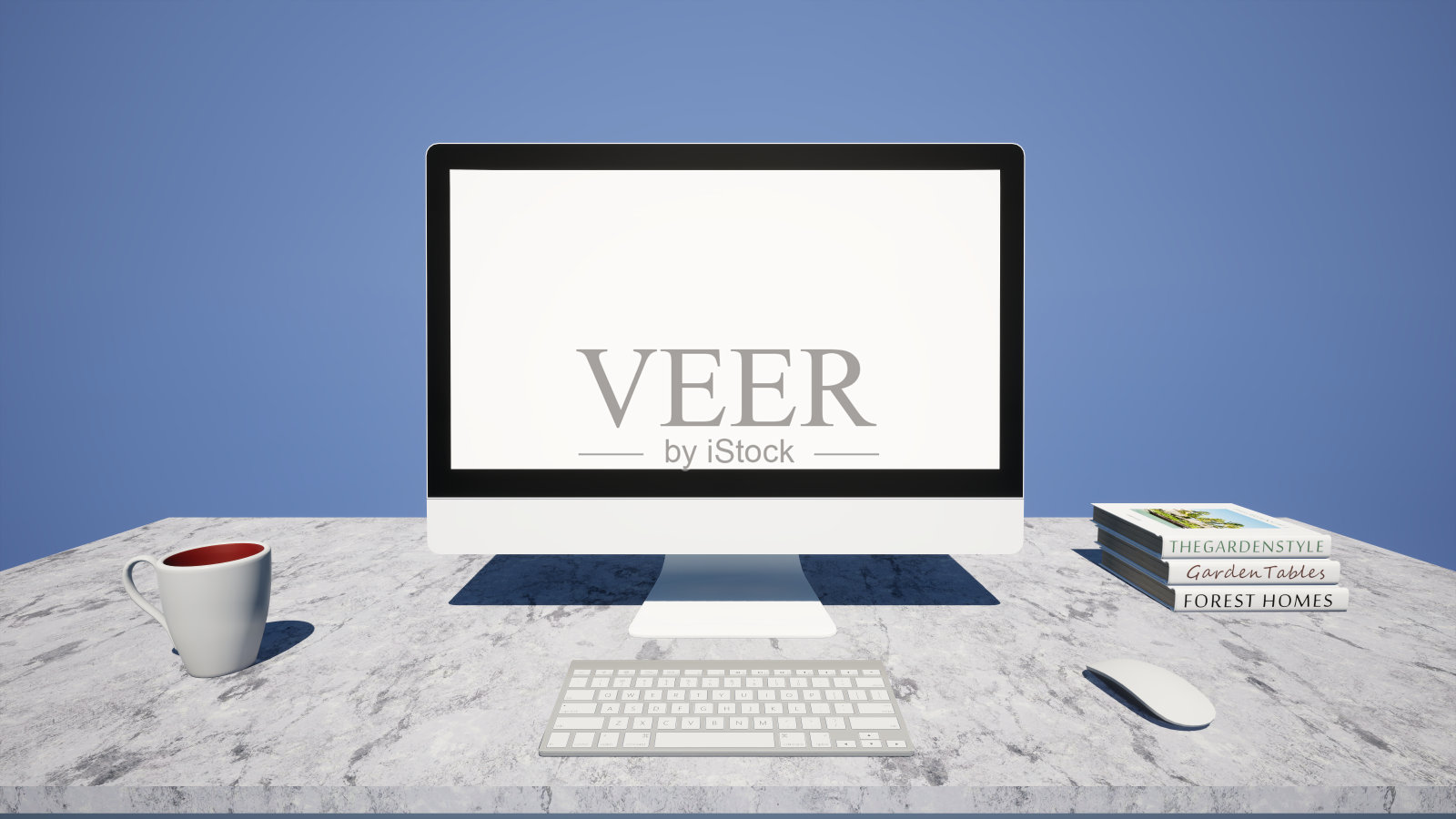 台式电脑模型空白屏幕可用于插入广告，为业务，营销，和创意设计。在一个简单的蓝色背景照片摄影图片