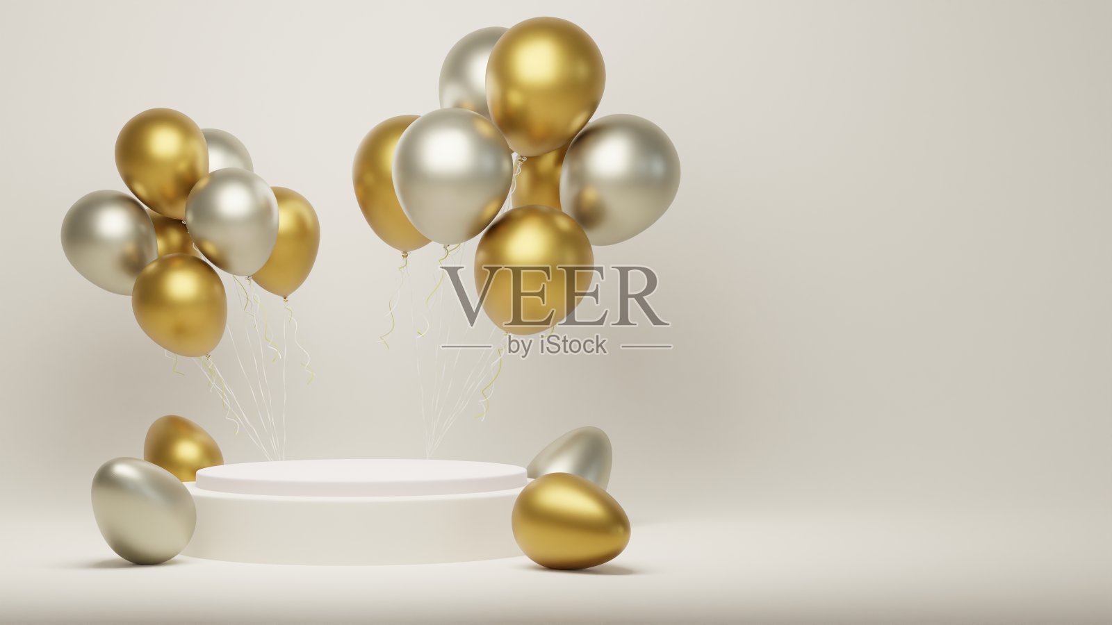 快乐复活节产品展示架。复活节讲台上的金色背景3D渲染。照片摄影图片