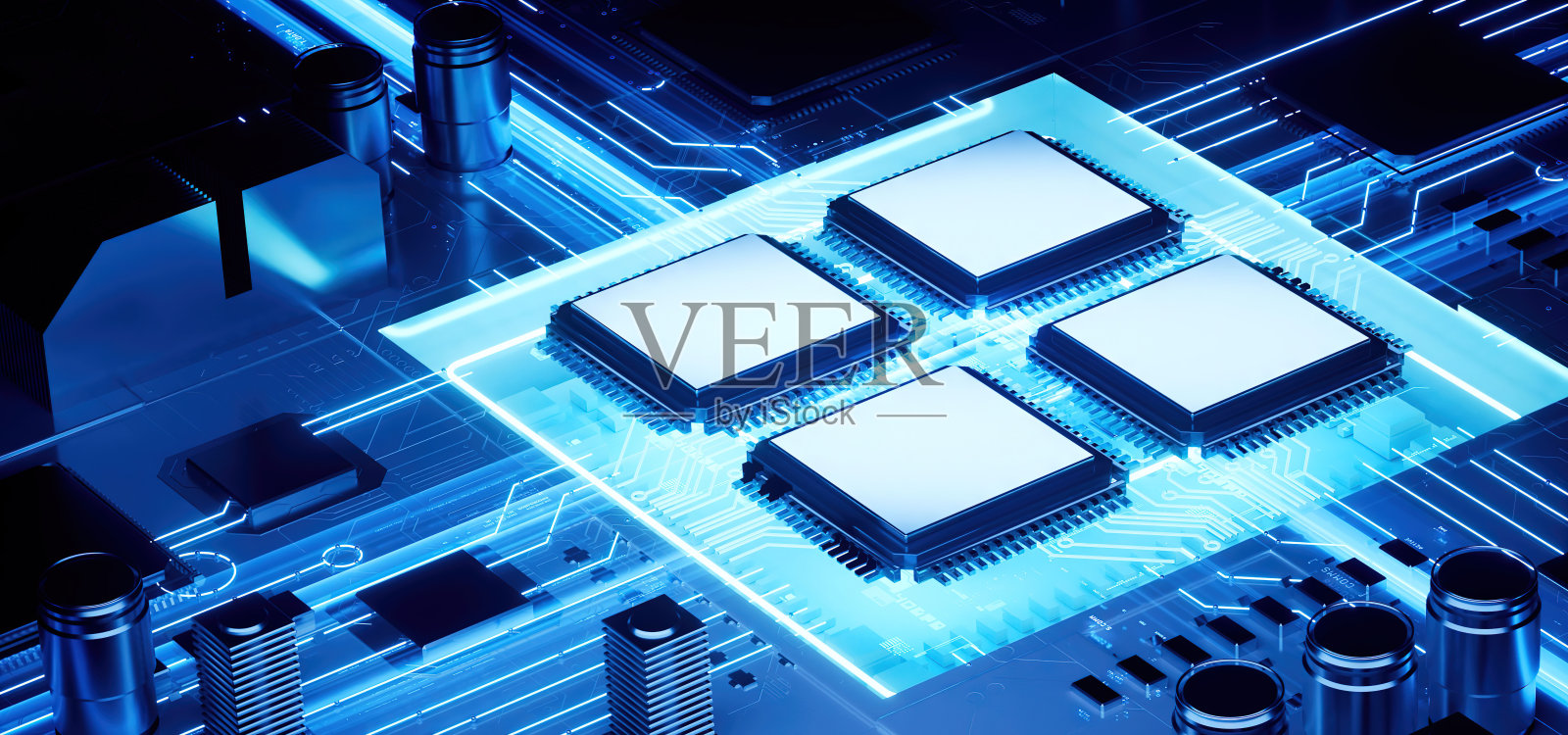 赛博朋克AI的3D渲染。电路板。技术背景。中央计算机处理器CPU和GPU的概念。主板数字芯片。科技背景。照片摄影图片