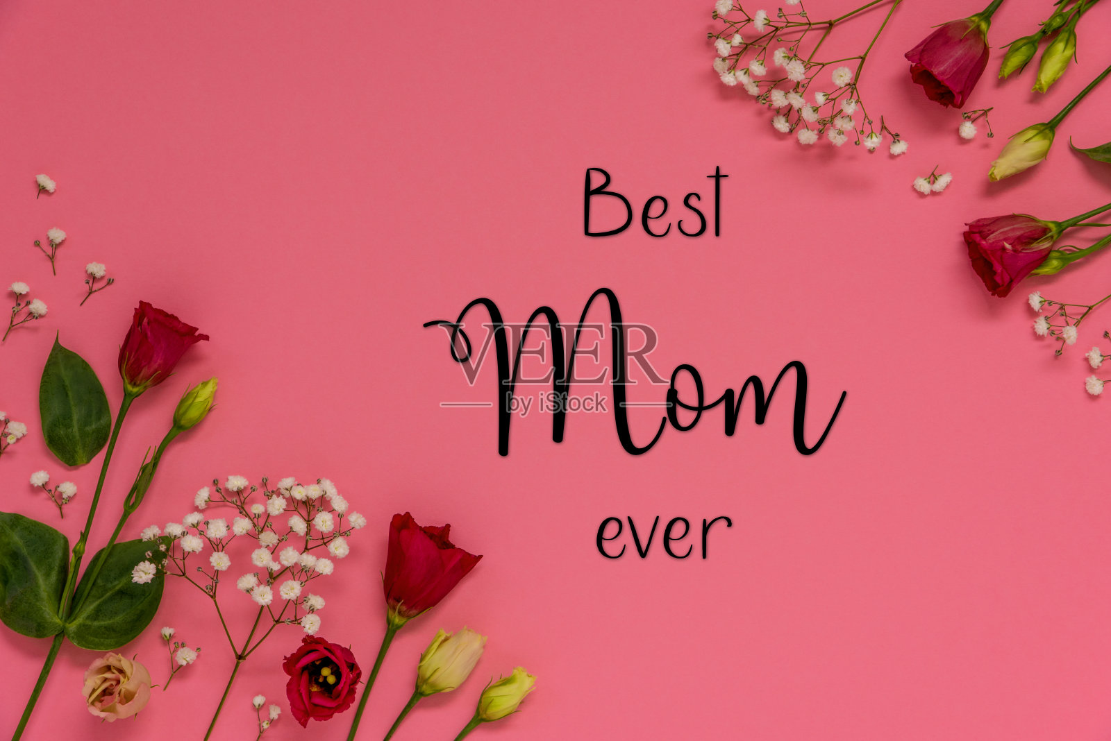 玫瑰插花，英文文本最好的妈妈，平Lay照片摄影图片