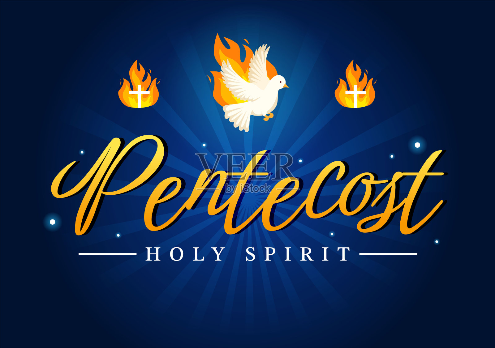五旬节星期日插图与火焰和圣灵鸽子在天主教徒或基督徒宗教文化节日平面卡通手绘模板插画图片素材