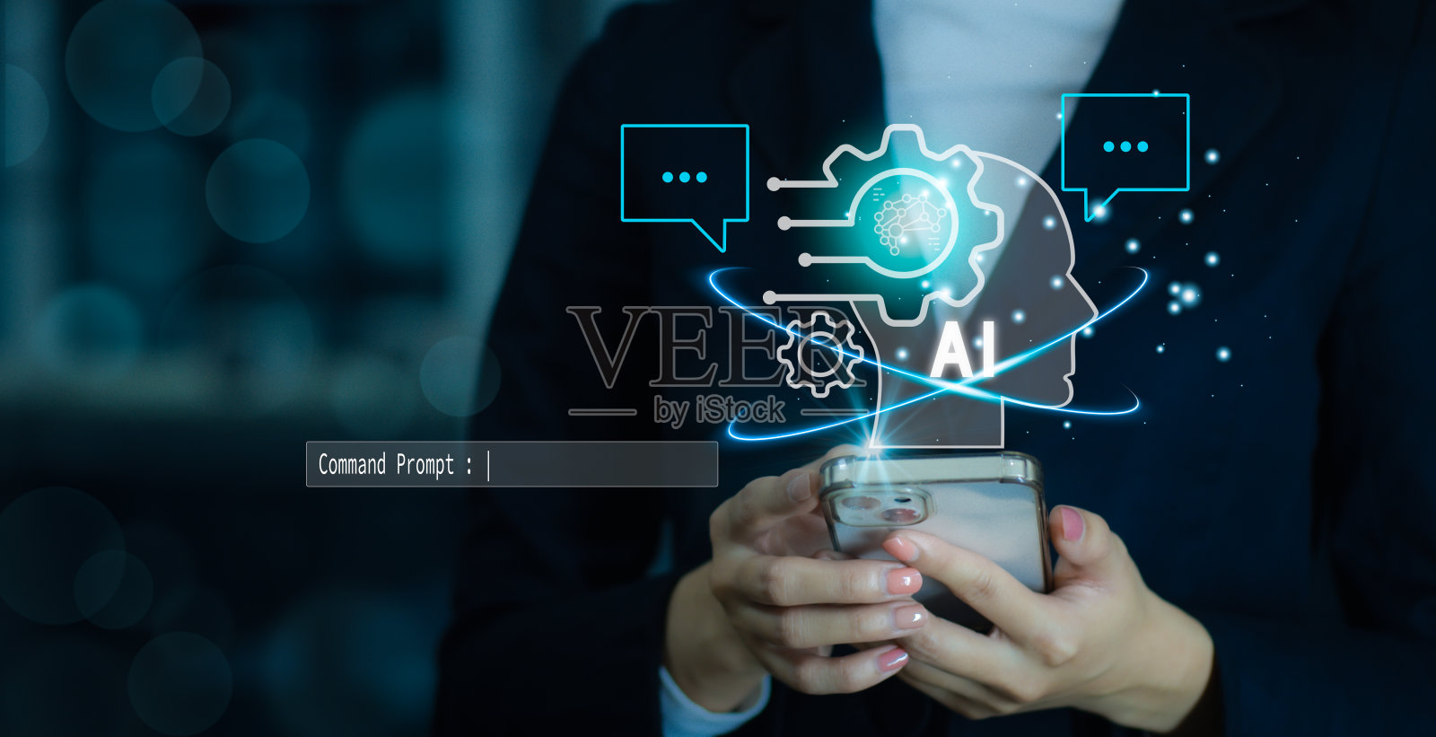 商人使用技术智能机器人AI，聊天概念AI，人工智能。进入命令提示符，联系业务信息，未来技术改造。照片摄影图片