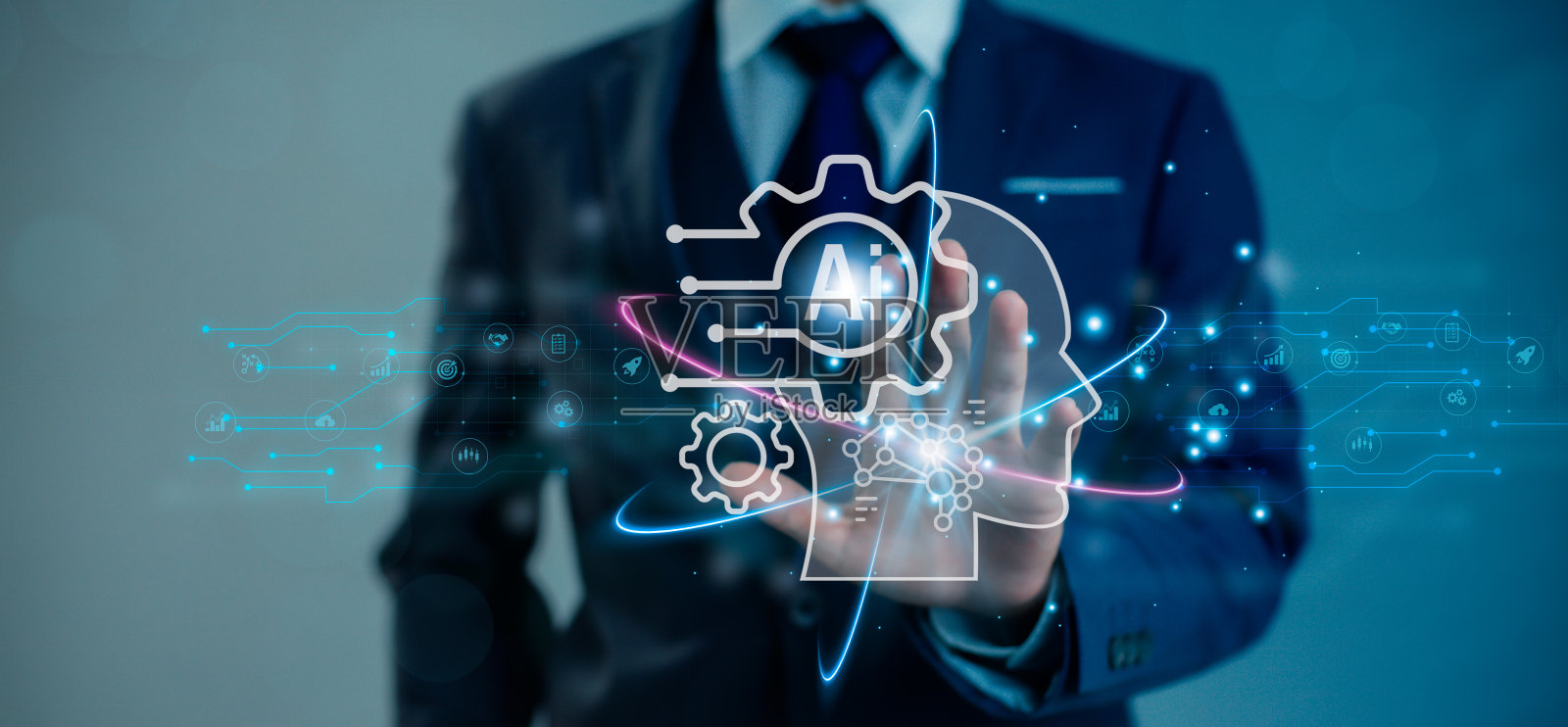 Ai机器学习技术。商人的手触摸连接ai大脑模糊的人蓝色背景。照片摄影图片