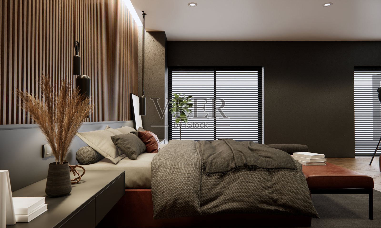 现代室内卧室模型。房间与木墙和黑墙，3d渲染，3d插图照片摄影图片