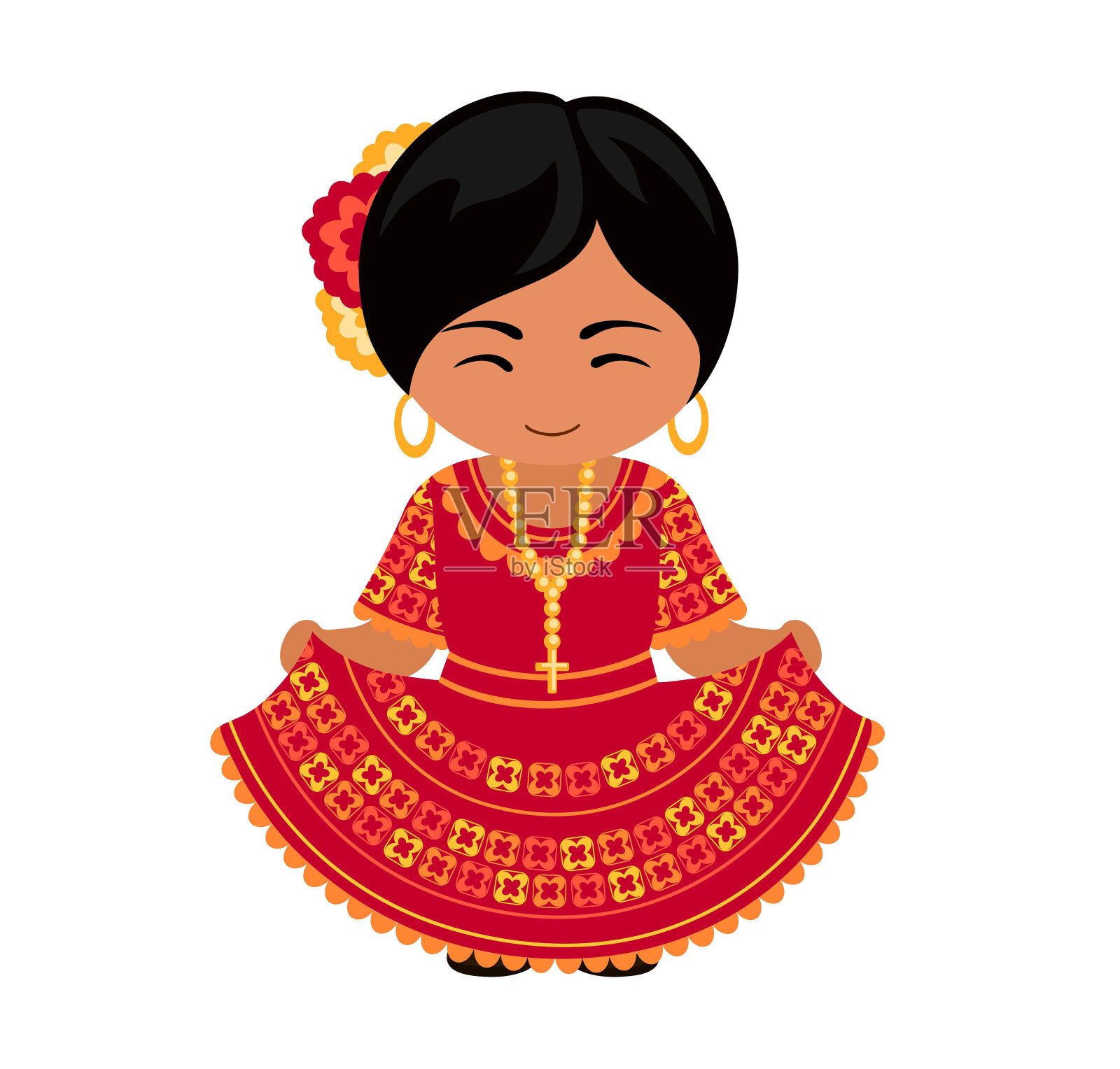 妇女在巴拉圭民族服装。穿着传统民族服装的巴拉圭女孩。拉丁美洲女性角色。平面矢量图。设计元素图片