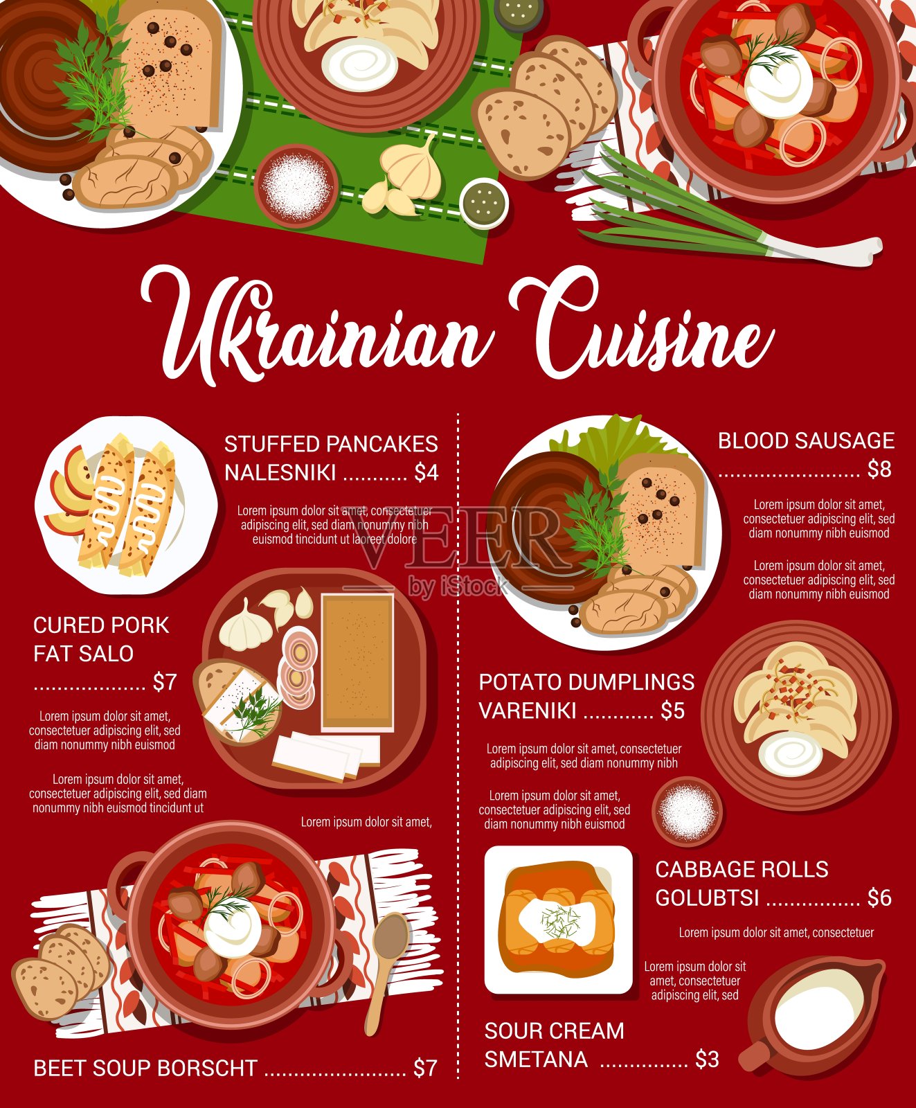 乌克兰菜餐菜单的传统菜肴插画图片素材