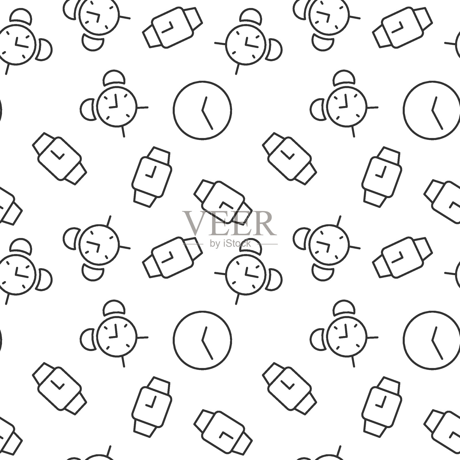 无缝矢量单色模式的闹钟和手表作为时间符号的封面，商店，包装，网站，应用程序插画图片素材
