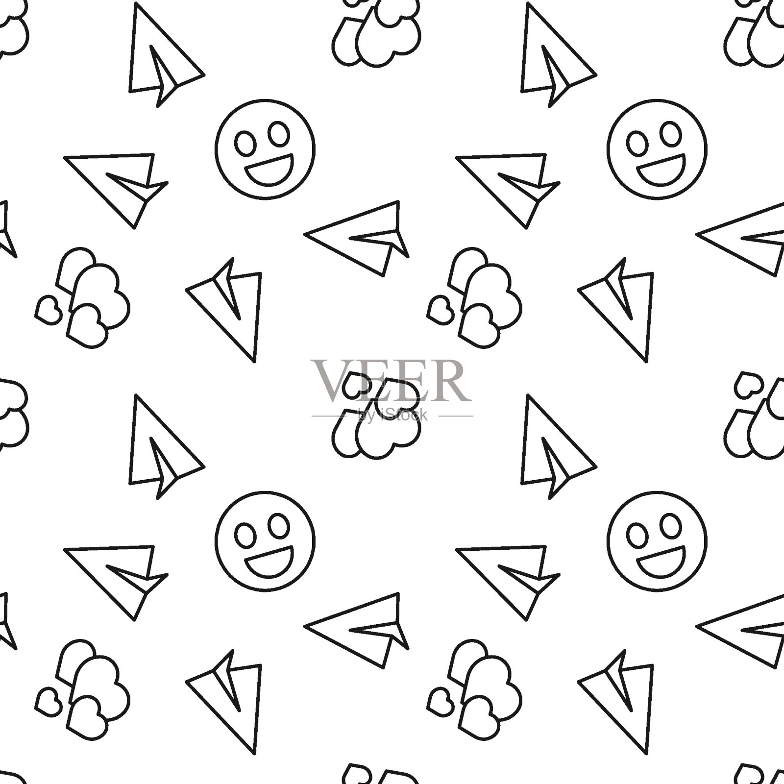 单色矢量无缝模式的心，纸飞机，微笑的网站和测谎仪插画图片素材