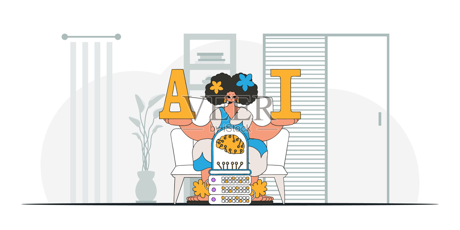 有人工智能大脑的女孩很流行，矢量艺术。插画图片素材