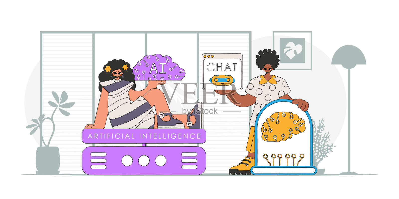 男孩和女孩AI二人组，穿着时髦的服装，在一个矢量设计。插画图片素材