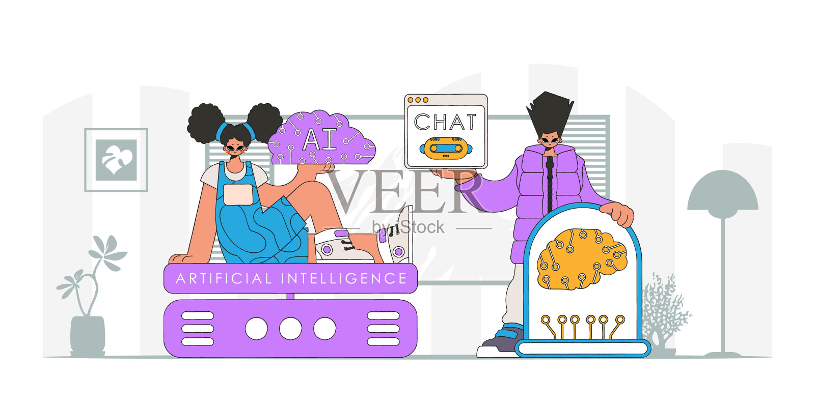 一个男孩和一个女孩的AI二人组，时髦的风格，用矢量插图。插画图片素材