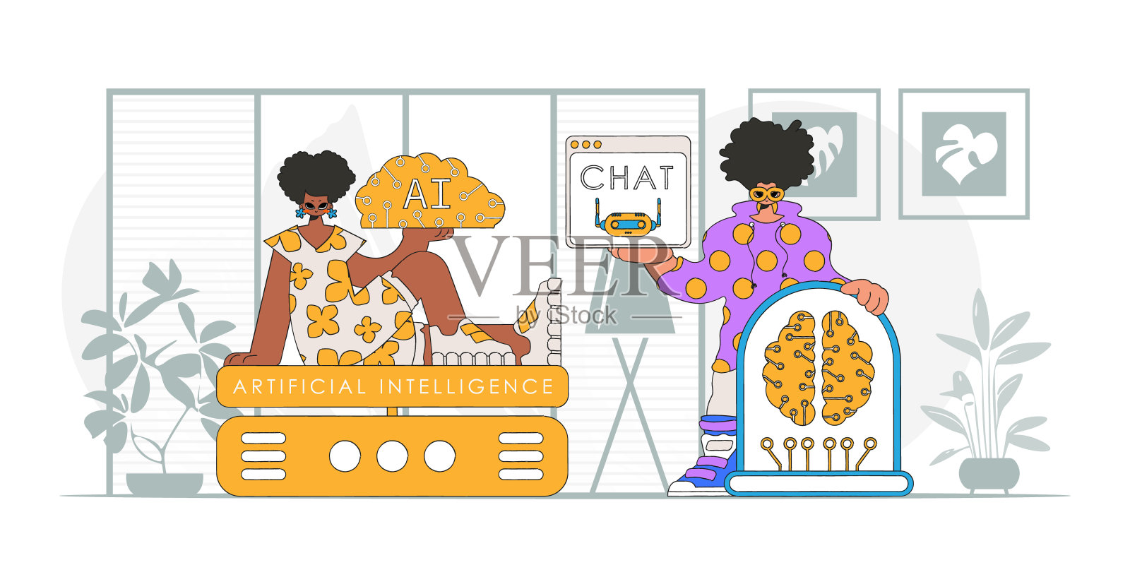 男孩和女孩AI的时尚风格，矢量艺术。插画图片素材