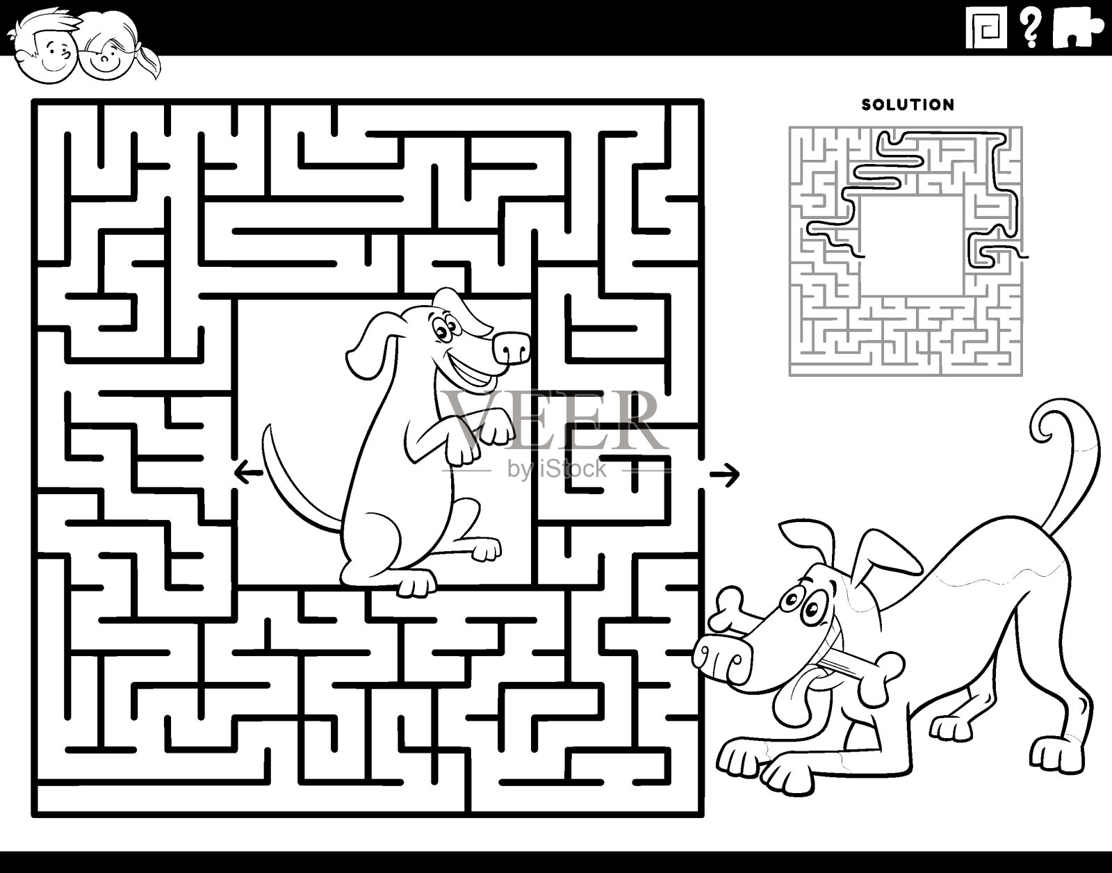迷宫与卡通狗动物人物着色页插画图片素材