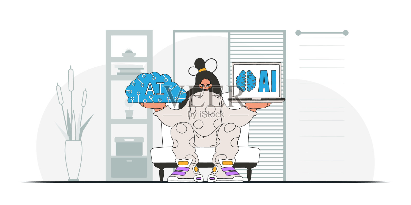 女孩展示现代趋势与人工智能大脑在手，说明在矢量。插画图片素材