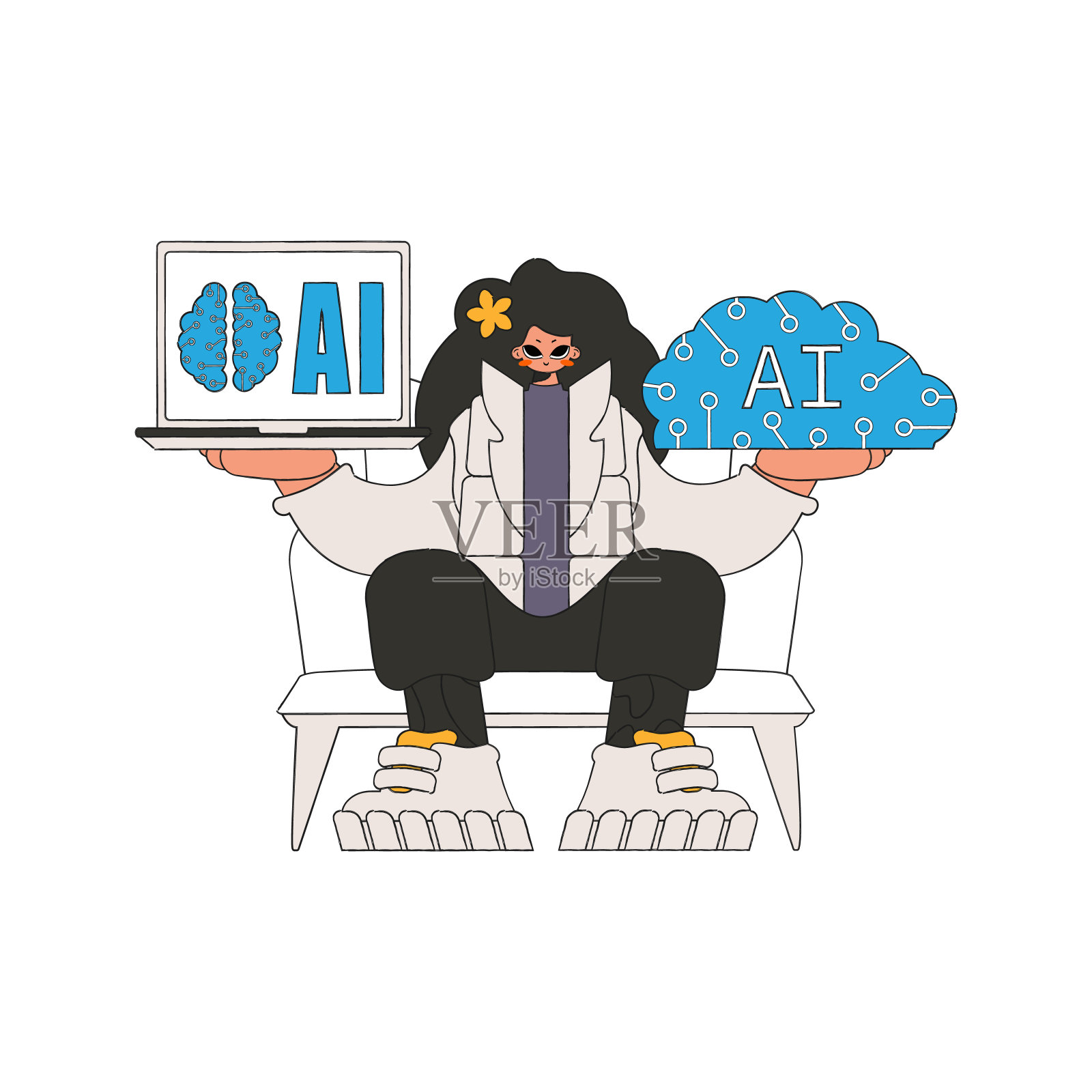 女孩手握AI大脑矢量图插画图片素材