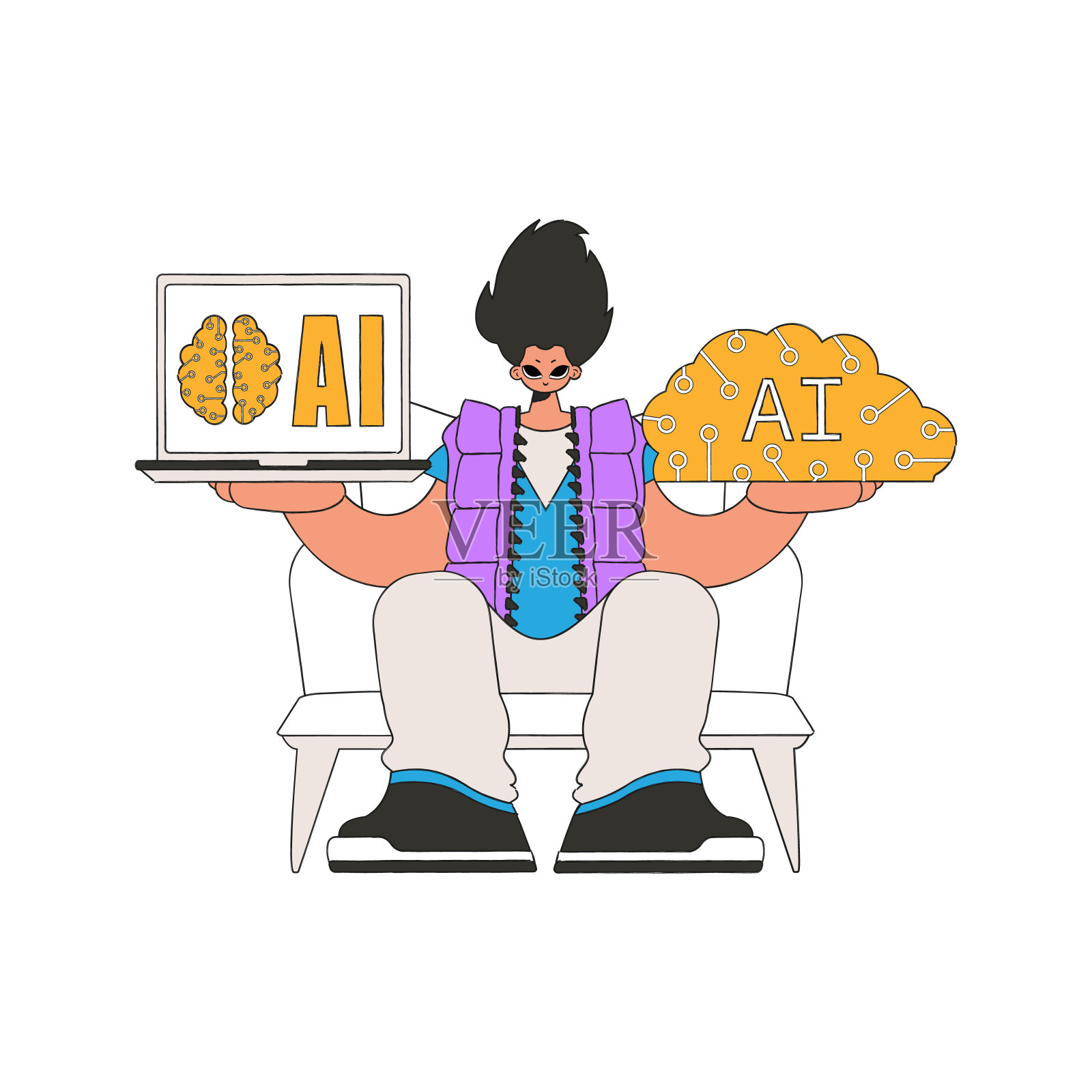 一个人拿着一个矢量化的人工智能大脑的插图。插画图片素材