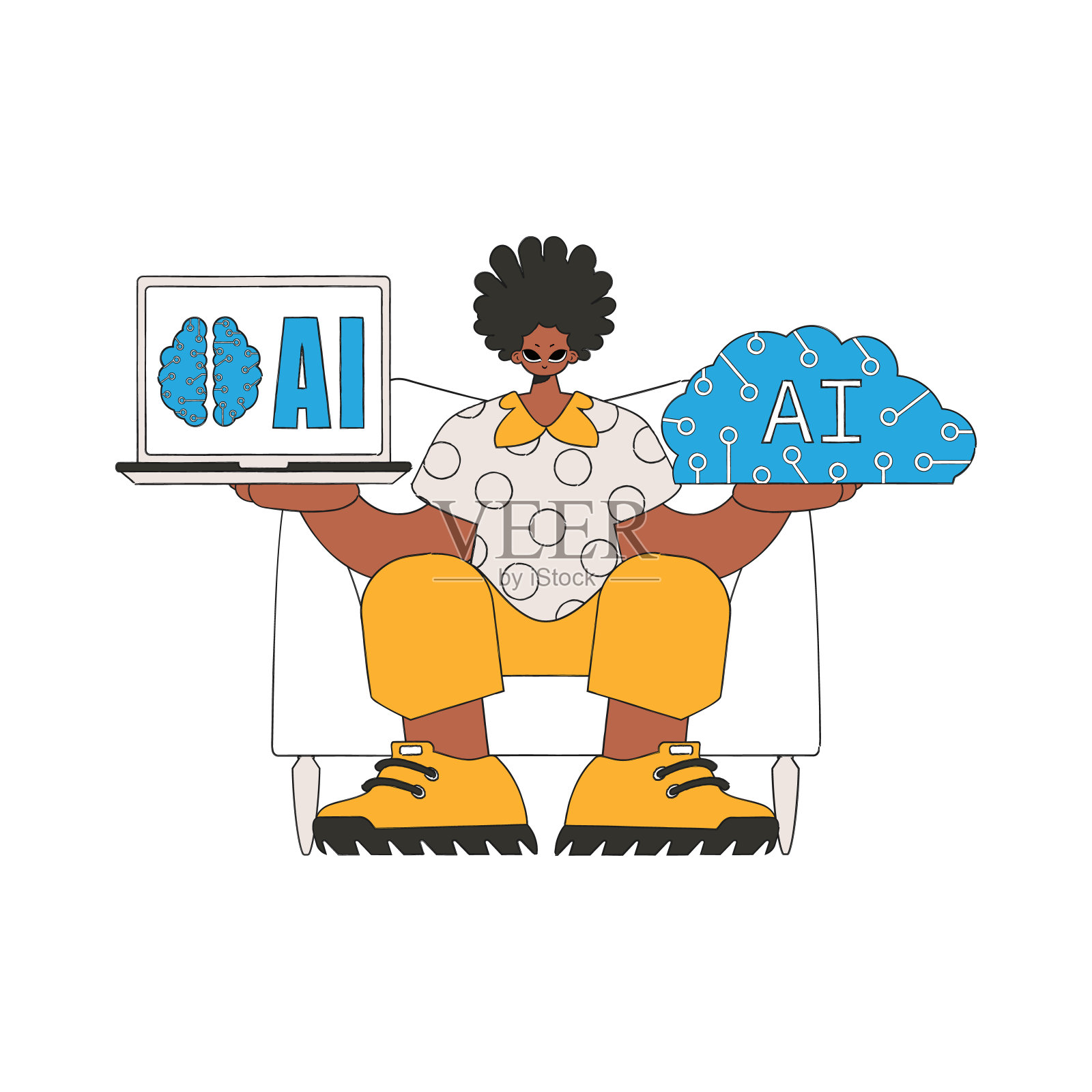 一个拿着人工智能大脑的人的矢量插图。插画图片素材