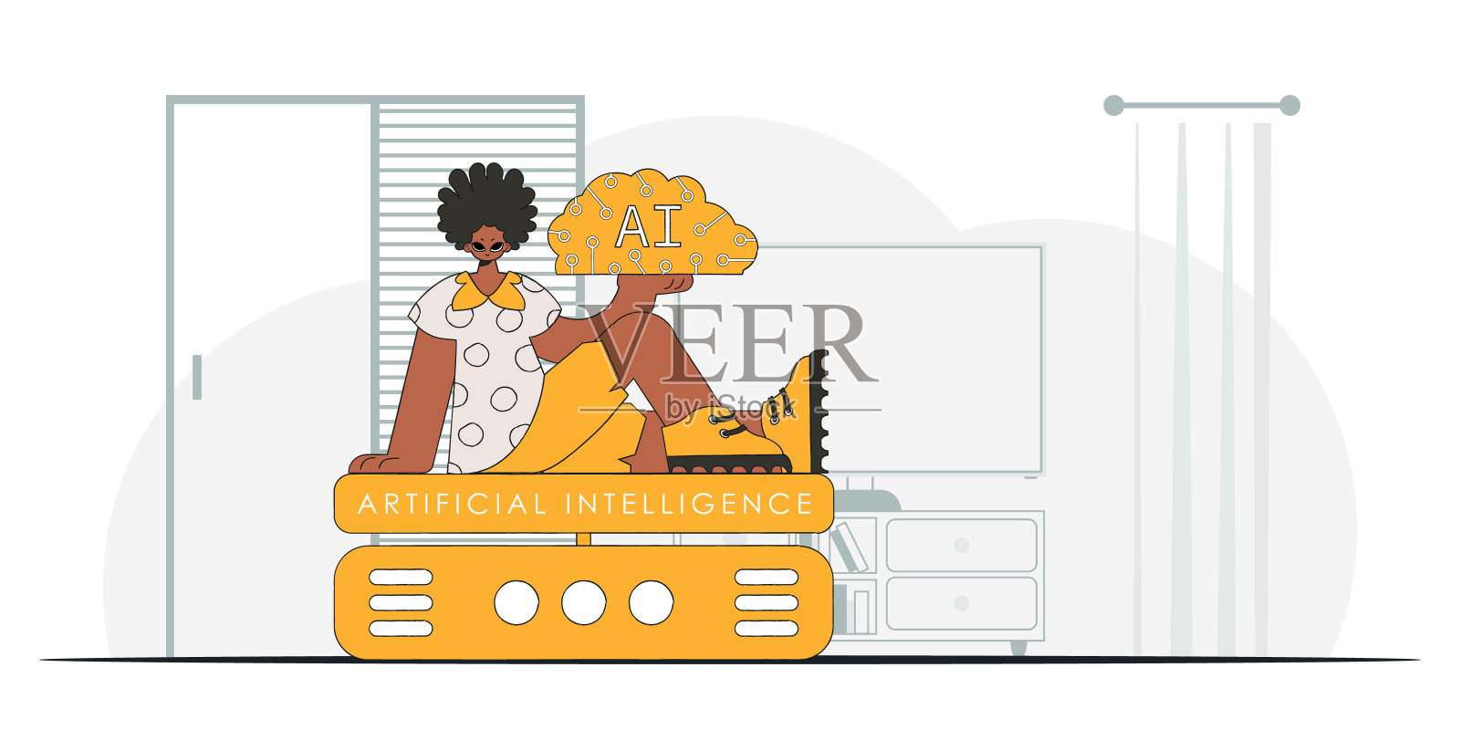 潮流男子在矢量插图中持有AI大脑。插画图片素材