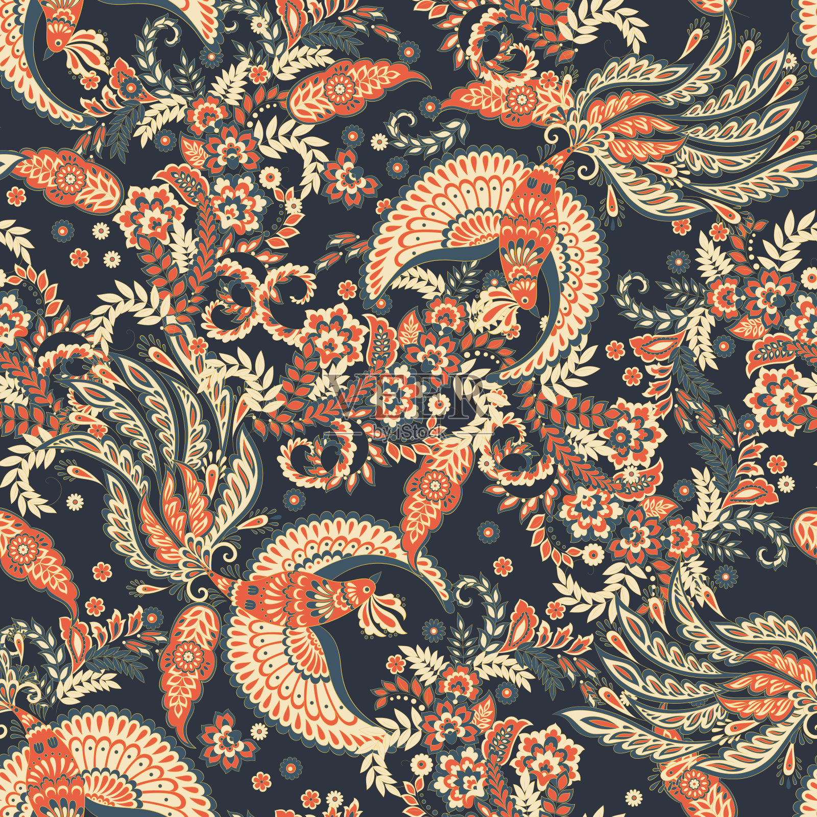 飞禽无缝矢量模式。锦缎涡纹花背景插画图片素材